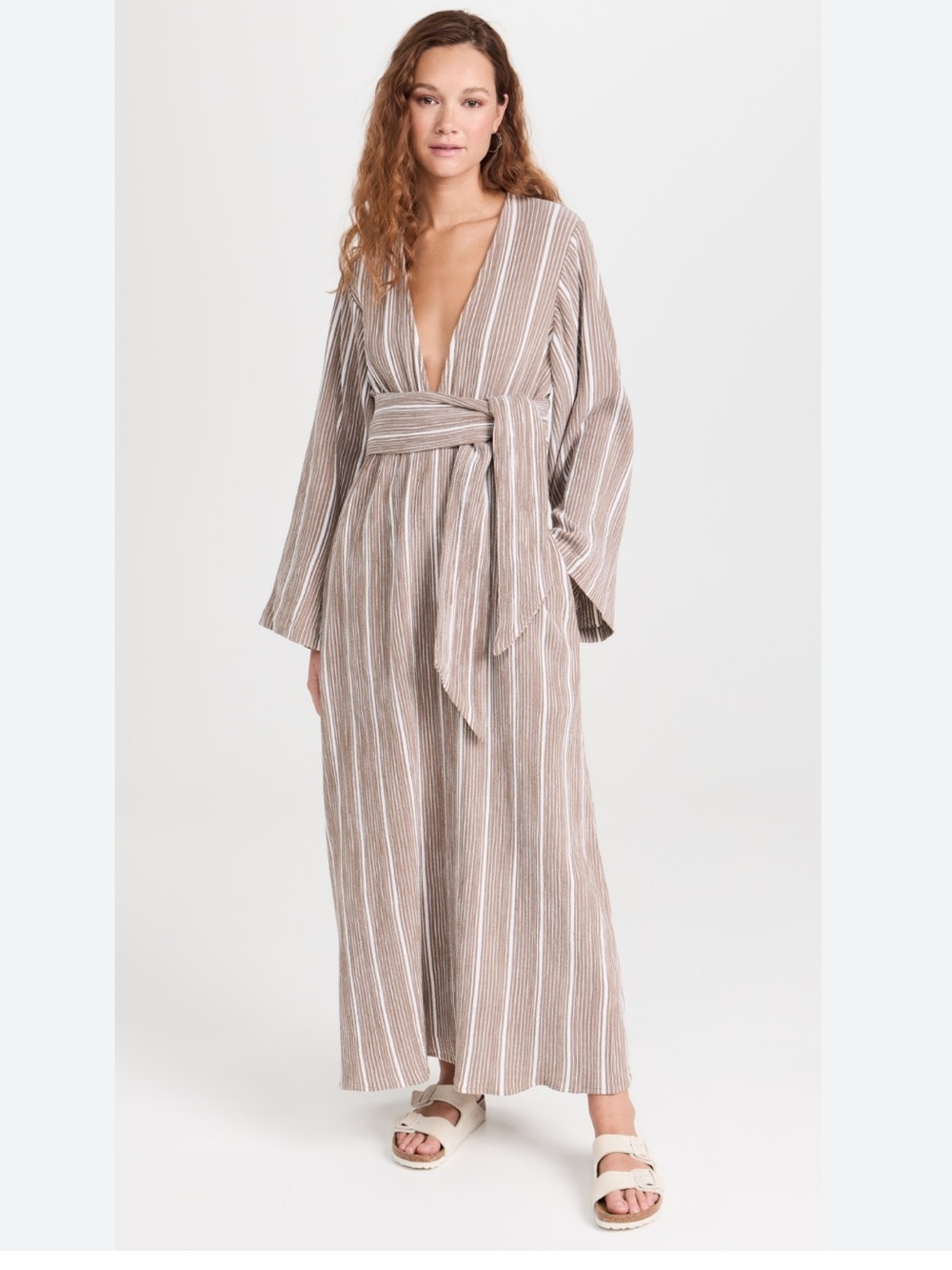 Mara Hoffman Taupe and White Striped Wrap Maxi Dress